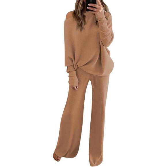 Other - Women’s Knit Two-Piece Set Off-Shoulder Sweater Wide Leg Pants Loungewear